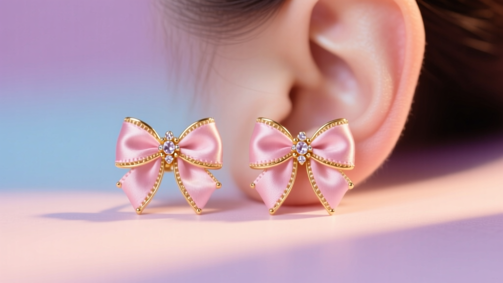 Macro shot of delicate gold cute bow earrings on earlobes, soft pastel lighting, coquette aesthetic, highly detailed jewelry photo