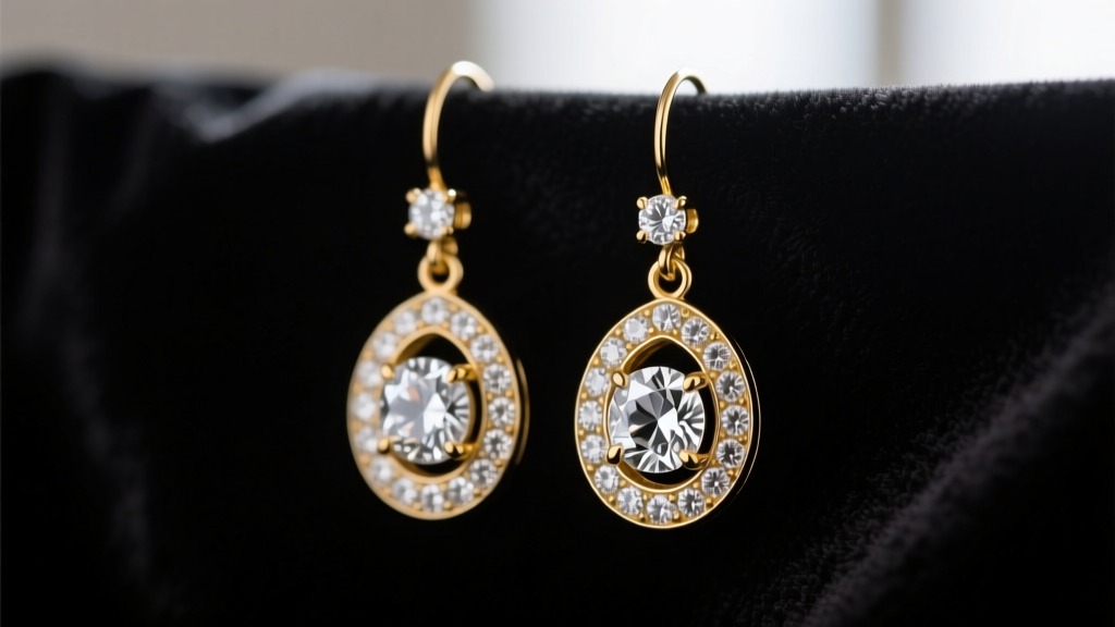 Macro shot of Georgian drop earrings with rose-cut diamonds in closed-back silver-topped gold settings on dark velvet fabric