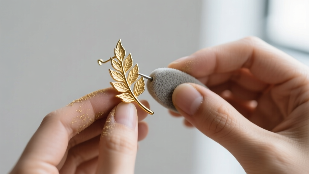 Macro photography of a jeweler using a fine 400-grit sanding sponge to smooth the sharp edges of a gold vermeil fern earring.