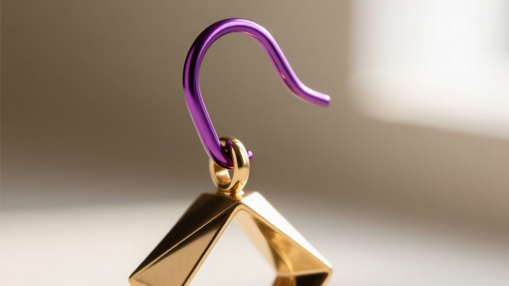 Extreme close-up of an 18-gauge anodized purple niobium ear wire hooking through a handcrafted geometric brass earring.