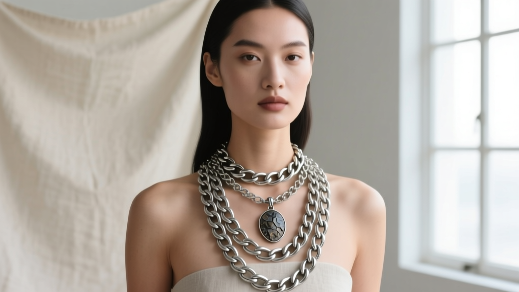 Model wearing layered heavy-gauge 925 sterling silver curb chains and oxidized pendant necklaces against a neutral linen backdrop.