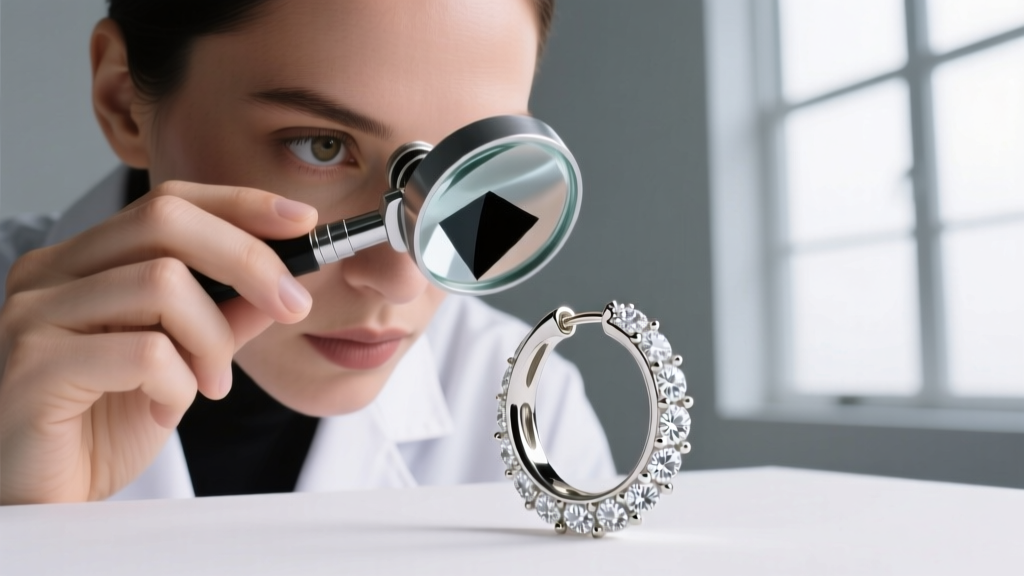 Jeweler using a 10x loupe to inspect rhodium wear and prong tension on a white gold diamond huggie under bright light.