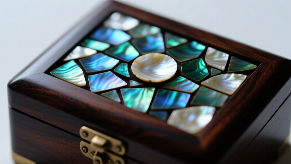 Close-up of mother-of-pearl inlay on a dark camphor wood asian jewelry box lid, showing iridescent blue and green shell details.