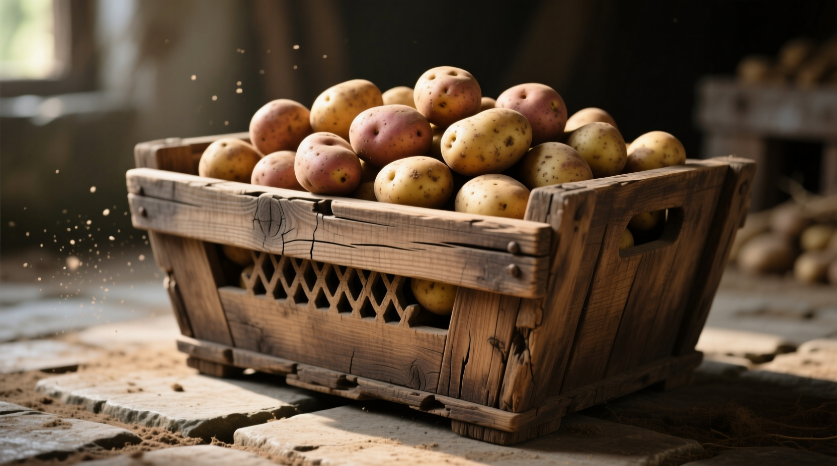 Wooden potato bin with ventilation slots storing russet potatoes