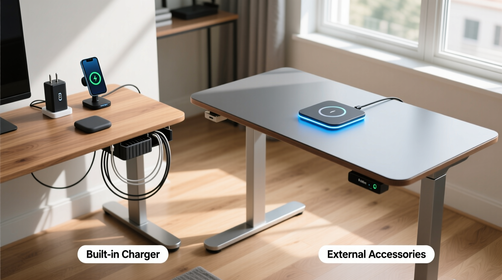 standing desk with built in charger vs adding accessories separately