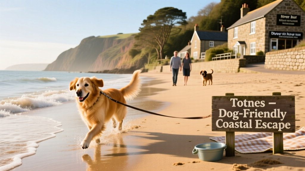 Golden Retriever happily exploring a sandy, sunlit beach along the South Devon coast
