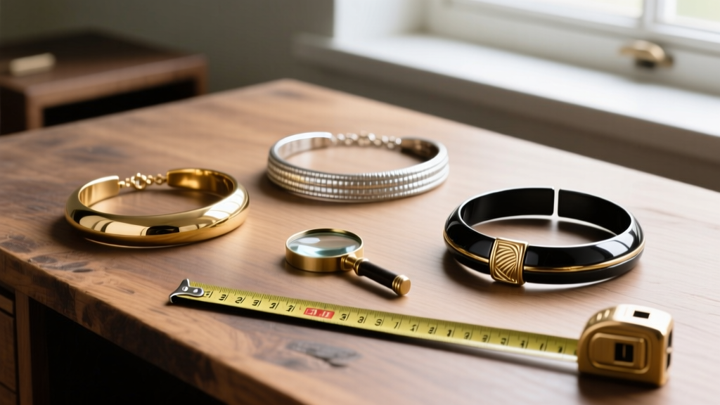 Flat lay of three band necklaces on a wooden desk, featuring a tape measure, a jeweler