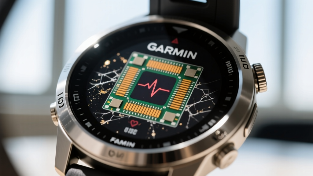 Macro photography of the optical heart rate sensor array on the back of a Garmin Fenix 8X showing micro-abrasions from desk resting
