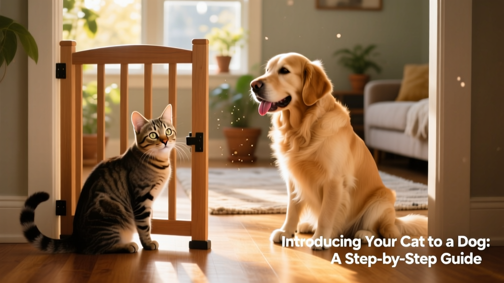 A calm, curious cat observing a gentle dog through a baby gate