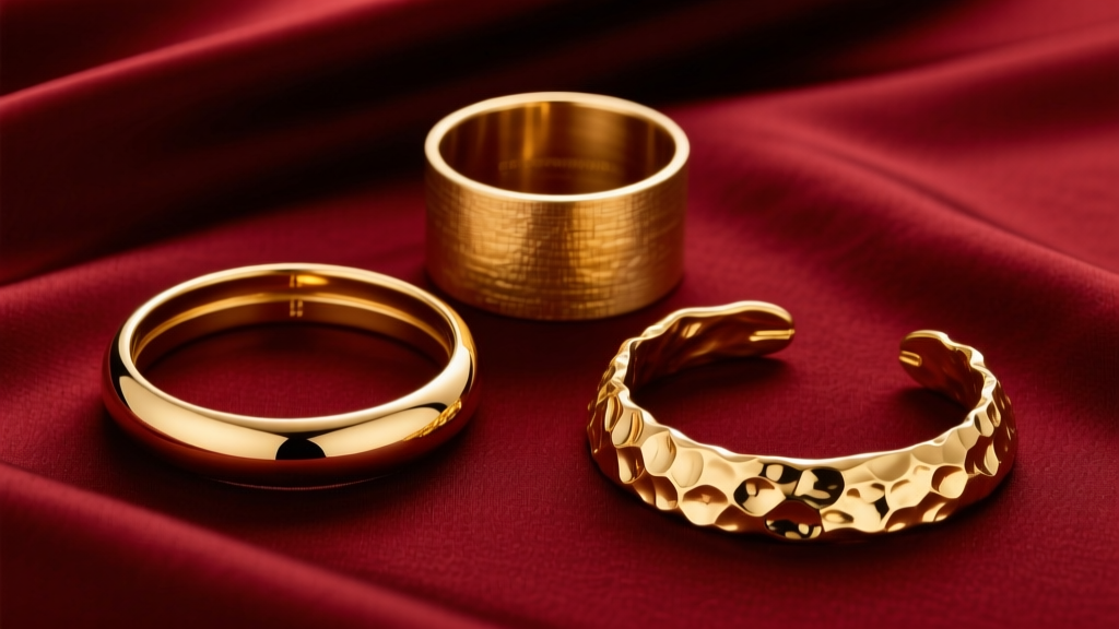 Flat lay of three gold finishes: a high-polish 18k bangle, a matte 14k cuff, and a hammered 22k collar resting on dark red silk.