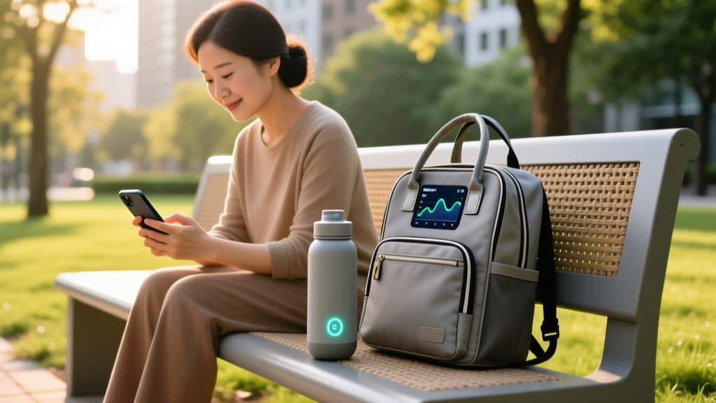Parent using a smartphone app to monitor a smart travel bottle temperature while sitting on a park bench next to a modern diaper bag.