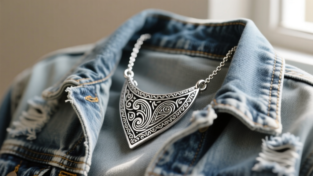 Close-up of a sterling silver bandana charm necklace resting on a faded denim jacket, featuring intricate engraved paisley patterns.