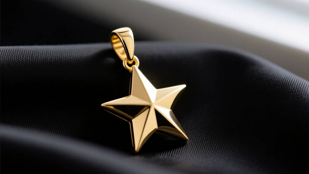 Close-up of a 14k yellow gold five-point star pendant on black silk, highlighting the sharp tips and the bail connection point