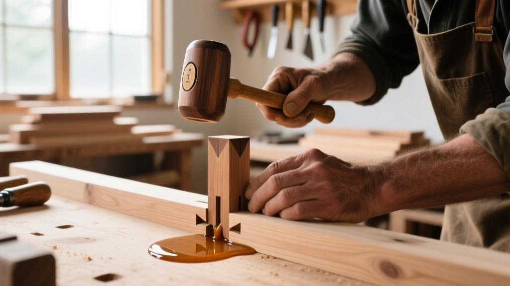 Close-up of a craftsman assembling a mortise and tenon wood joint using a polyurethane adhesive and wooden mallet in a well-lit workshop