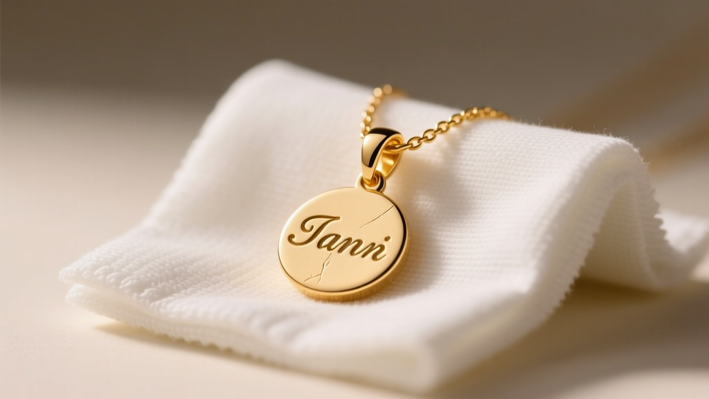 Close-up of a 14k gold charm necklace name pendant resting on a microfiber cleaning cloth under warm, diffused studio lighting.