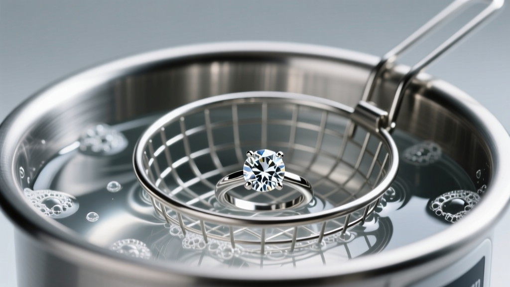 Close-up of a stainless steel ultrasonic cleaner basket in soapy water, holding a diamond ring under bright studio lighting.