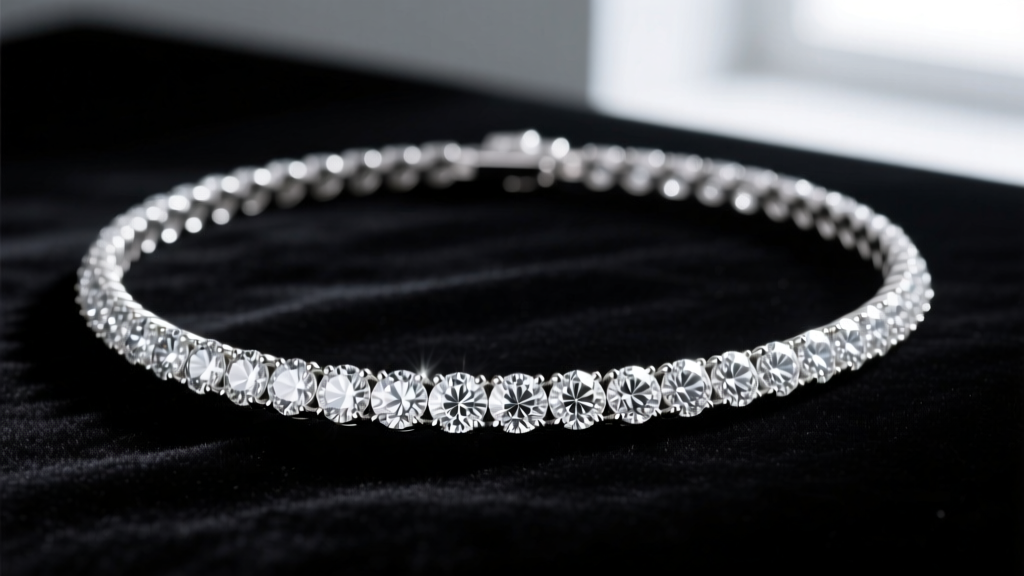 Close-up of a platinum riviere diamond necklace with 30 carats of D-color flawless round brilliant diamonds on black velvet.