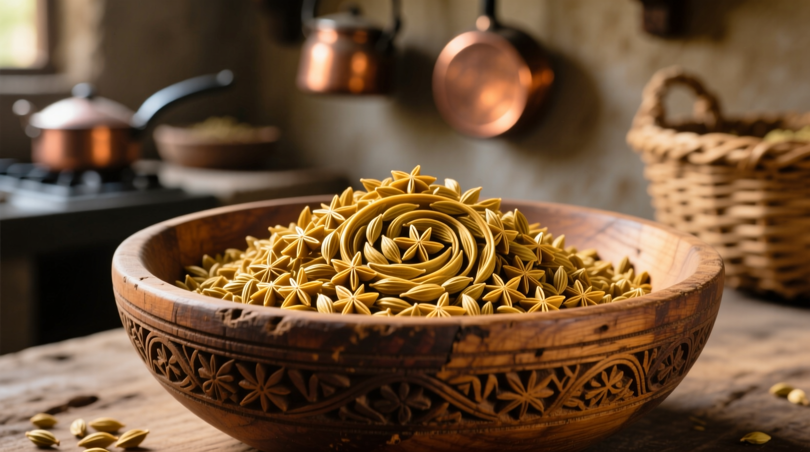 Golden methi seeds in traditional wooden bowl