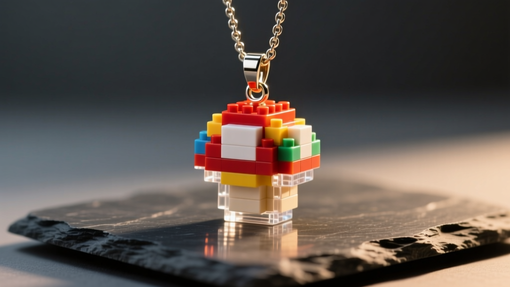 Pixel-art LOZ nano block mushroom pendant sealed in clear resin, resting on a dark slate surface under warm studio lighting