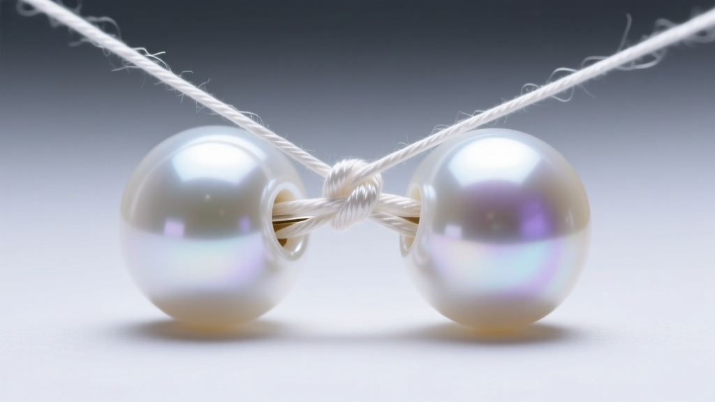 Close-up macro shot of a 0.8mm silk thread being knotted between two 7mm round white Akoya pearl beads using a jeweler's awl tool