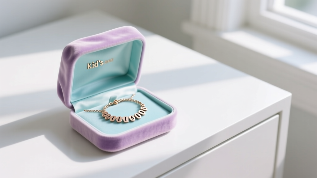 Pastel anti-tarnish velvet pouch open on a white dresser, revealing a neatly coiled personalized kid name necklace inside