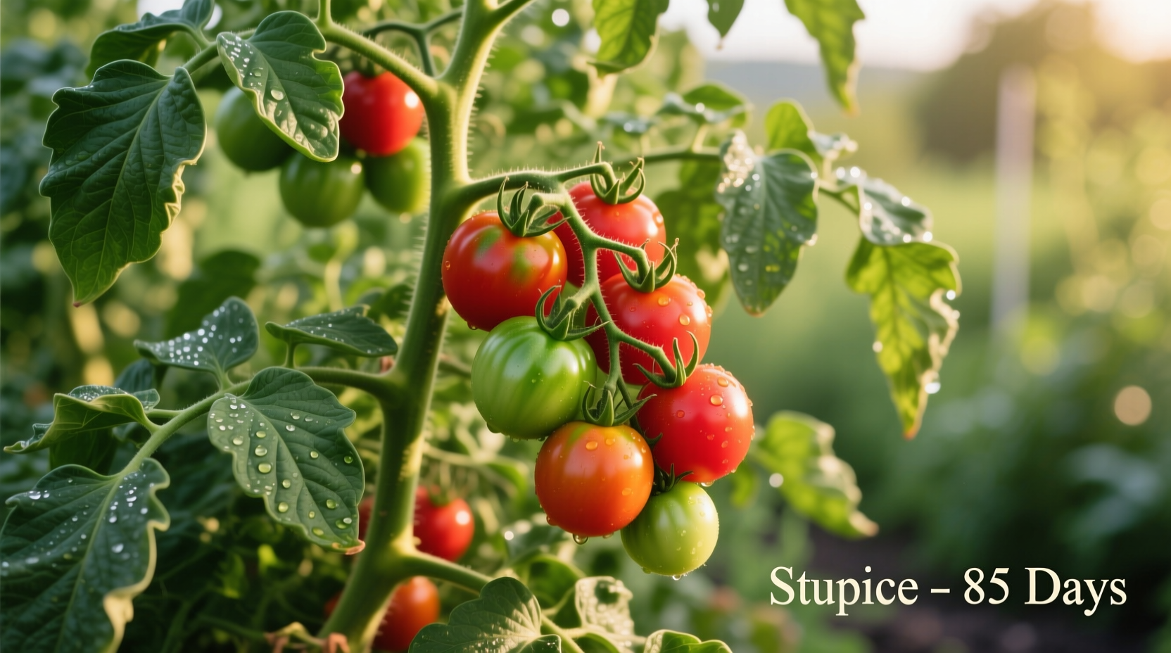 Gesunde Stupice-Tomatenpflanze mit reifenden Früchten