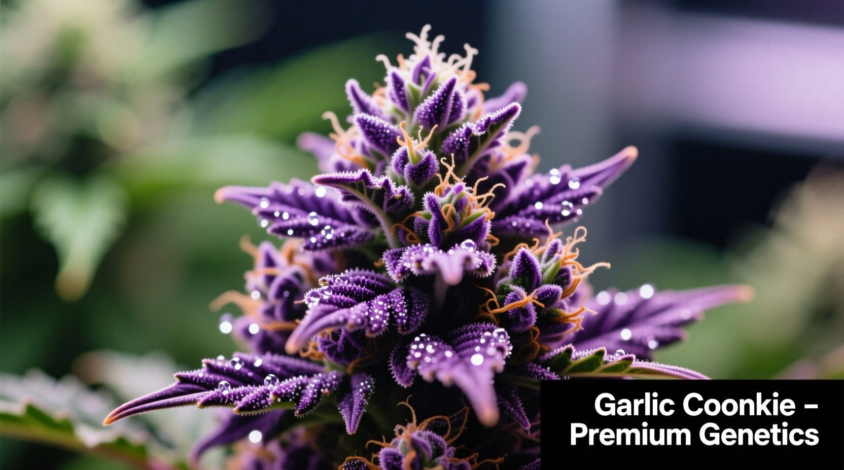 Close-up of Garlic Cookie cannabis buds showing purple hues and trichomes