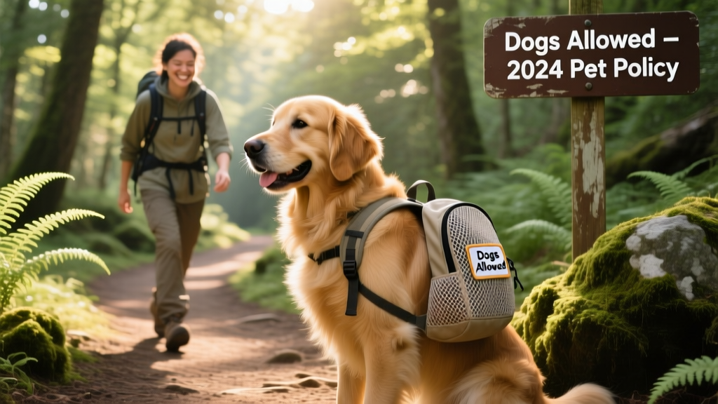 A friendly dog wearing a lightweight backpack, standing beside a hiker on a forest trail