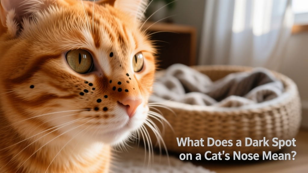 Close-up of an orange tabby cat's nose showing small, flat black freckle-like spots