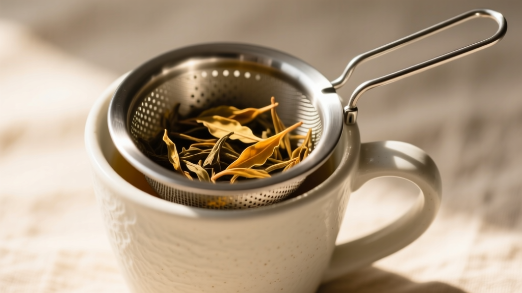 Close up of a Finum permanent stainless steel tea brewing basket resting inside a compact 12-ounce ceramic mug with loose leaf Earl Grey tea