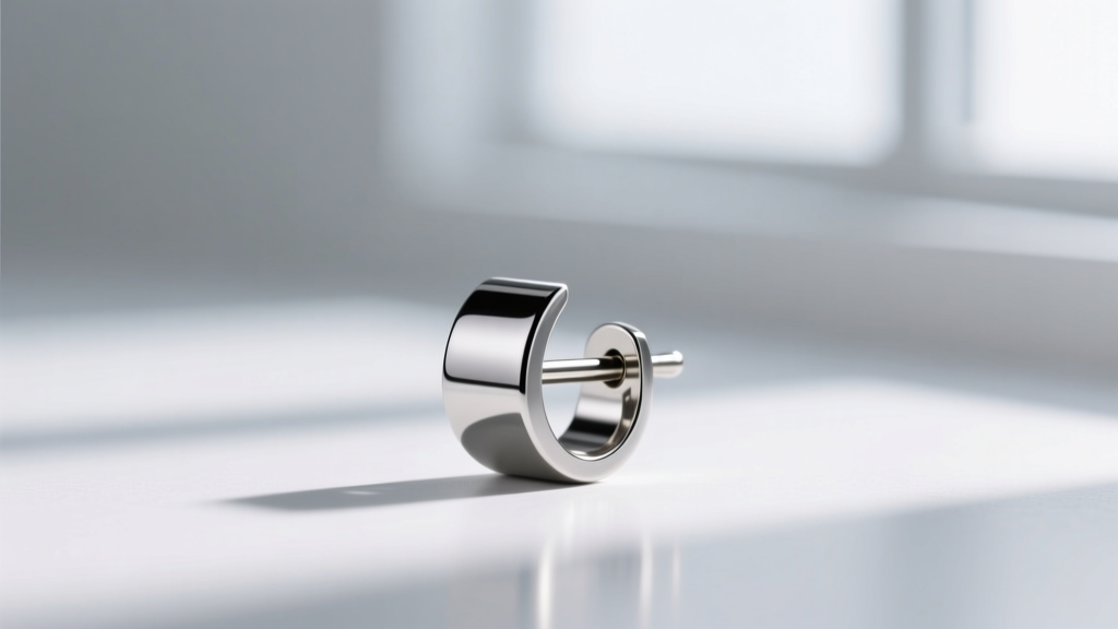 Extreme close-up of a polished ASTM F136 titanium earring post showing the smooth mirror finish and precise 20-gauge thickness.