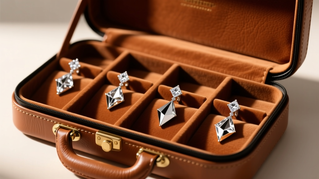 Open leather travel case with velvet slots holding modern geometric diamond drop earrings securely, warm ambient lighting setup.