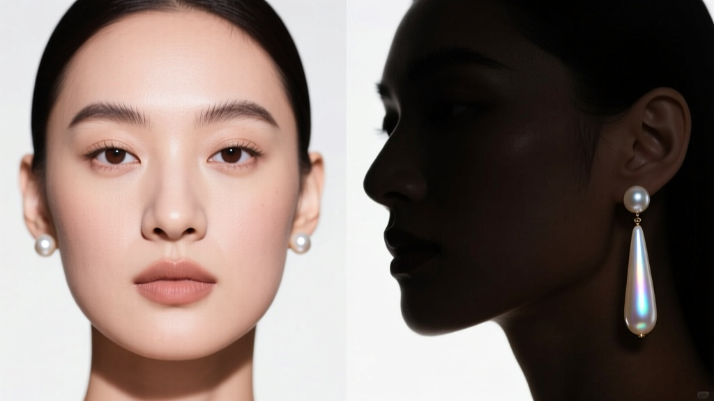 Split-screen portrait showing a round face wearing 4mm pearl studs and a square face wearing elongated 12mm pearl drop earrings.