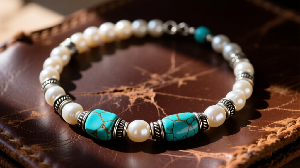 Close-up of a rugged Southwestern pearl necklace with sterling silver spacers and turquoise beads resting on distressed dark leather.