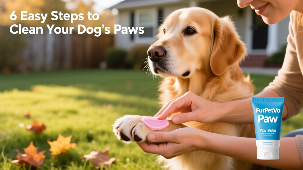 A dog owner applying FurPetVo Paw Balm to their dog's healthy, clean paw pads