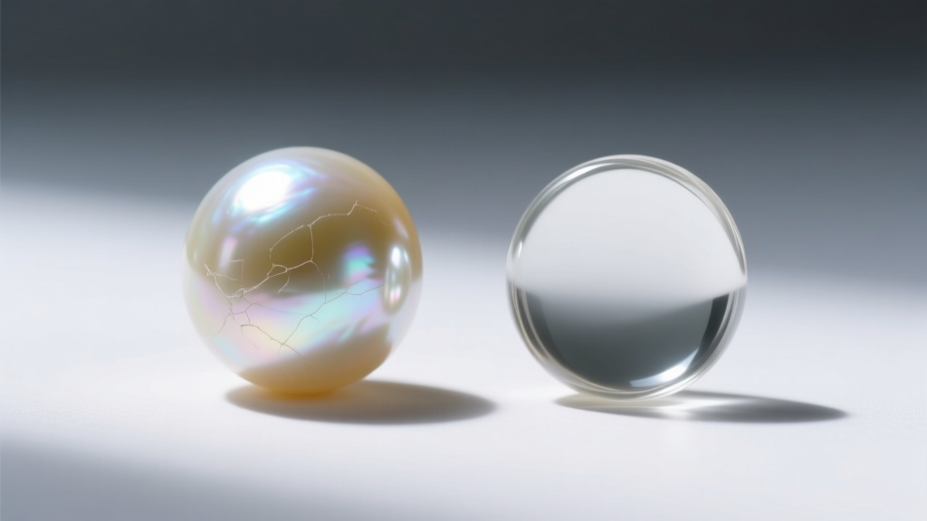 Macro photography comparing a 15mm South Sea pearl and a glass replica, highlighting differences in luster and surface blemishes