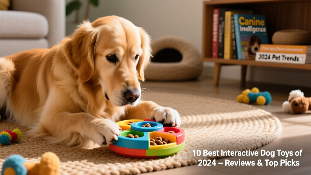 A golden retriever intently working on a puzzle toy with visible treat compartments
