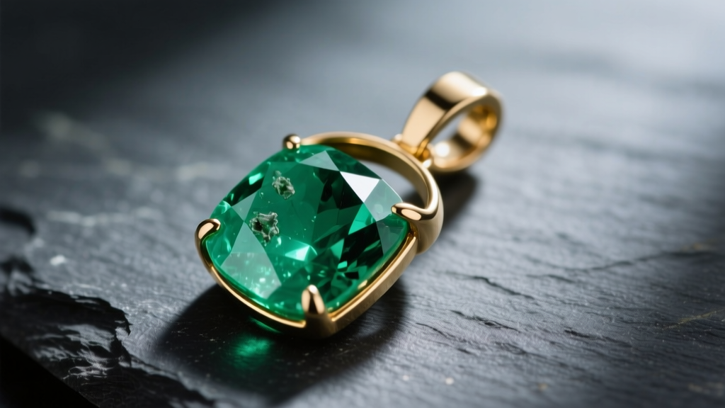 Close-up of a raw, uncut emerald gema necklace pendant set in 14k recycled gold, resting on dark slate with soft natural lighting.