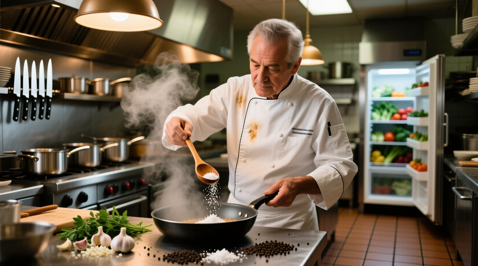 Chef adjusting seasoning in restaurant kitchen