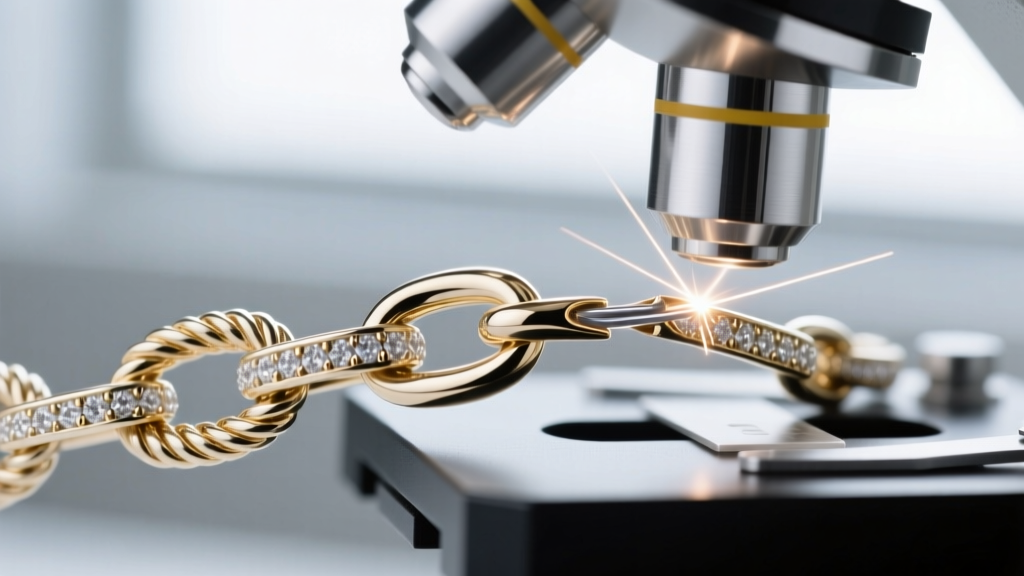 Microscope view of a laser-welded repair on a 14k white gold rope chain, highlighting the seamless fused link joint.