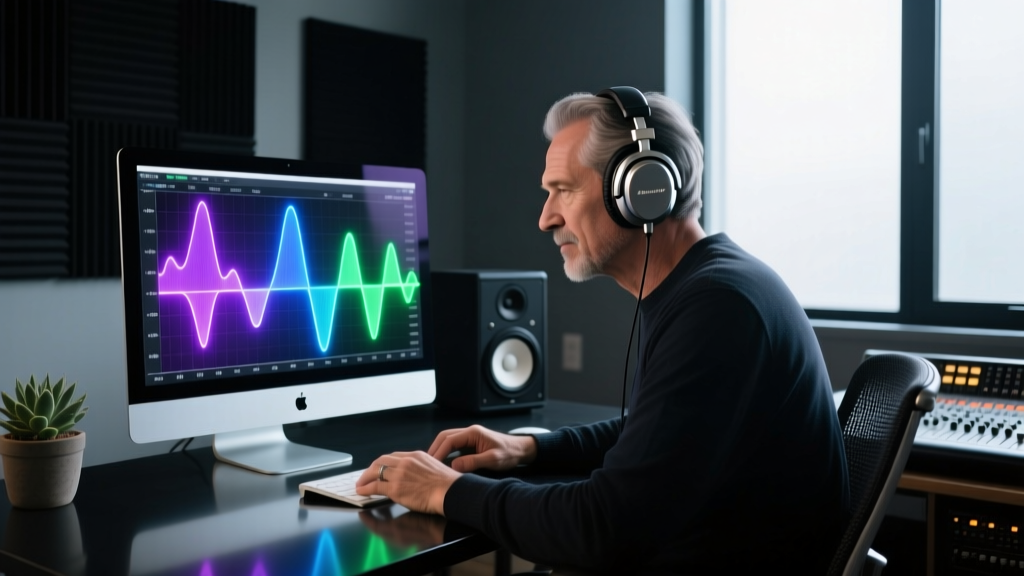 A music producer wearing high-end studio headphones while analyzing a complex EQ frequency curve on a glowing computer monitor in a dark room