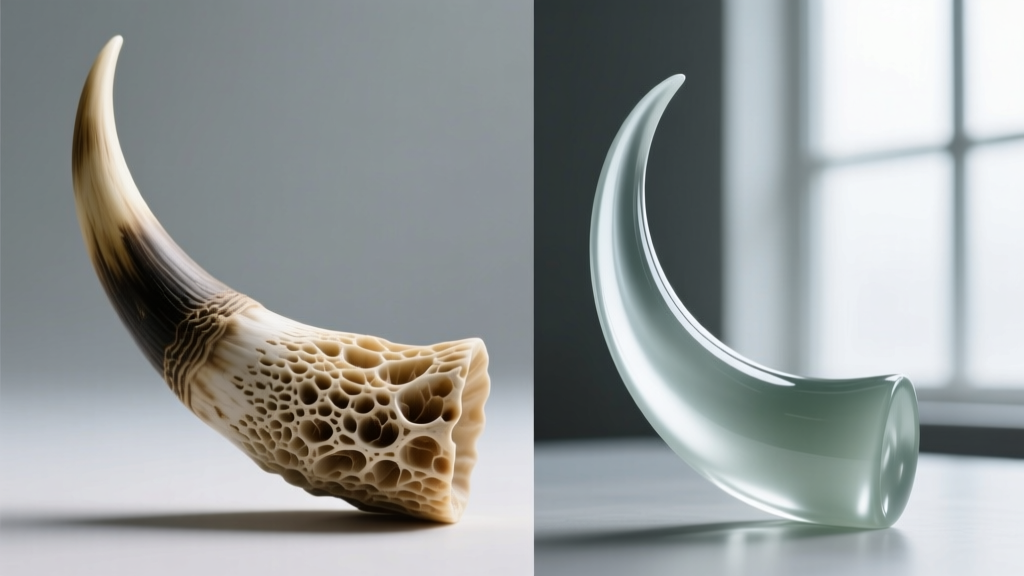 Side-by-side macro comparison showing the porous keratin grain of real carved horn next to the smooth surface of cast resin