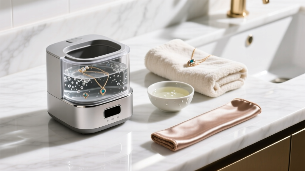 Jewelry cleaning station with an ultrasonic machine, polishing cloth, mild soap, and microfiber towel on a white marble countertop