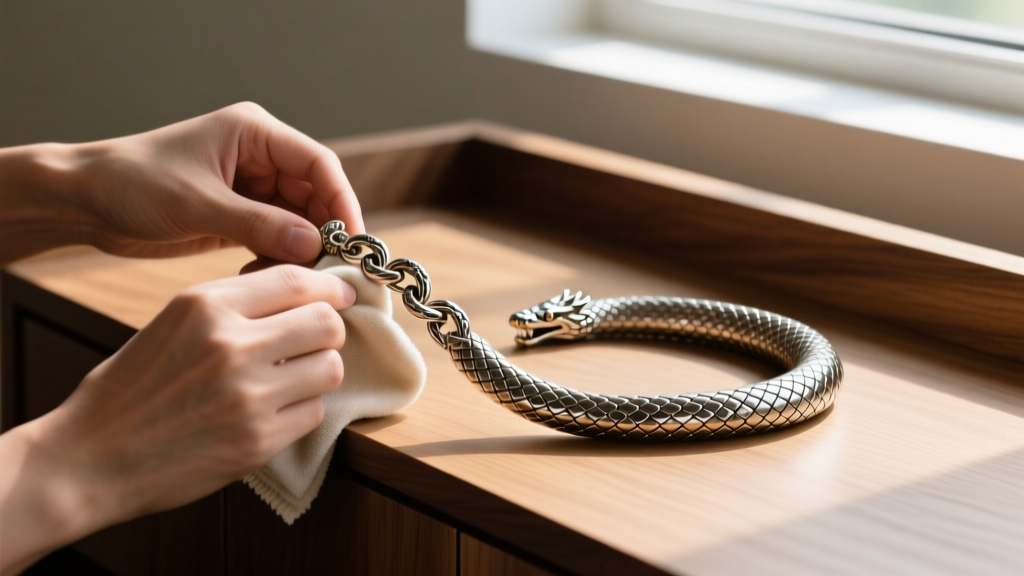 Hands polishing a John Hardy Naga dragon scale chain with a microfiber cloth, avoiding oxidized crevices, on a clean wooden vanity.