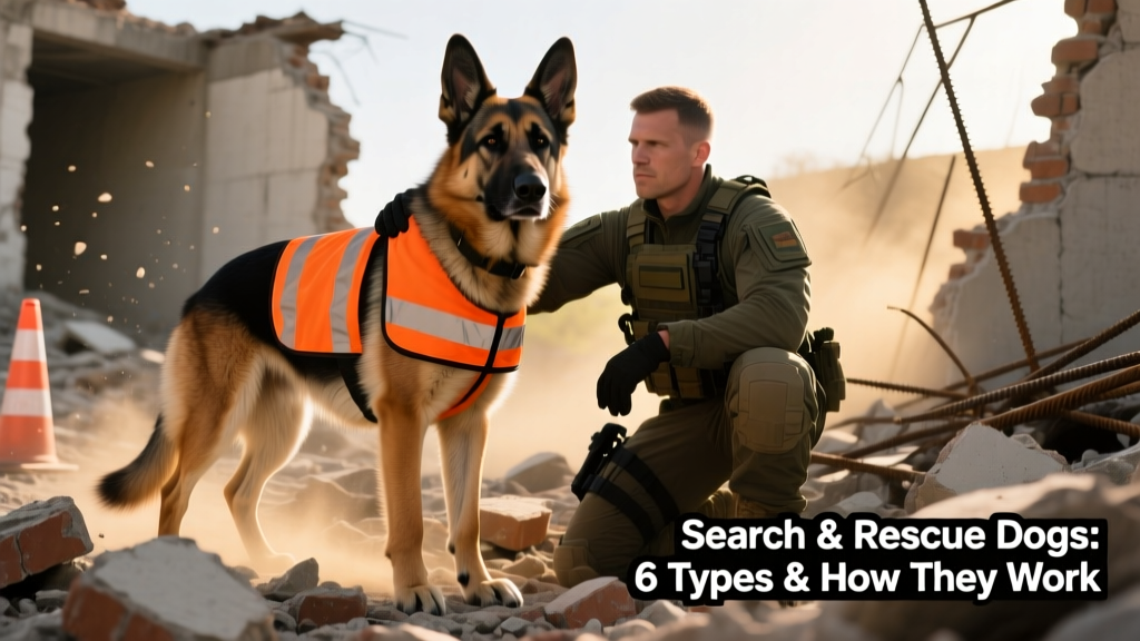 A focused German Shepherd wearing a high-visibility vest, working alongside a handler in a rubble-filled training area
