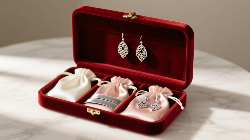 Open velvet jewelry box displaying anti-tarnish strips and silk pouches holding polished silver dangle earrings in warm light.