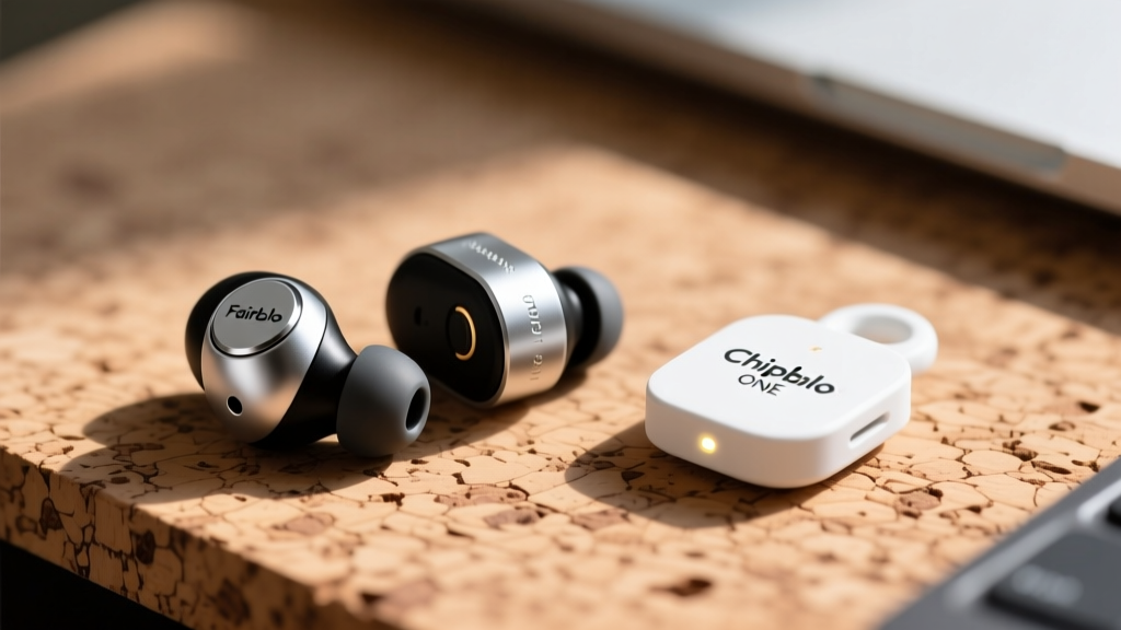 Side-by-side macro shot of Fairbuds modular earbuds and a Chipolo ONE Point tracker resting on a textured cork desk surface