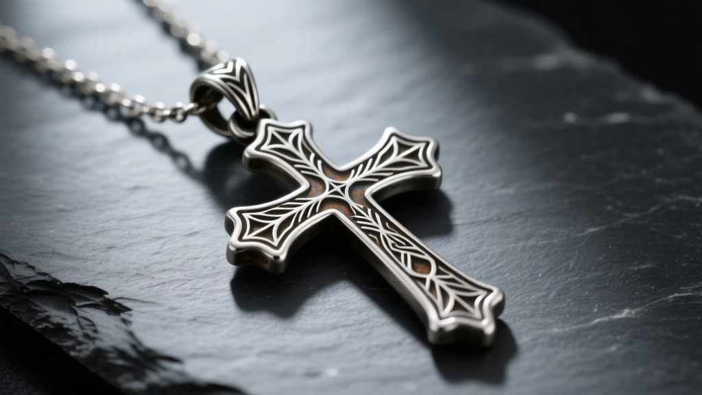 A 3-inch oxidized sterling silver long cross pendant necklace on dark slate, highlighting gothic engravings and a sturdy bail