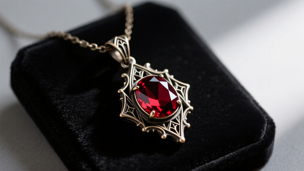 Close-up of tarnished Victorian gothic pendant necklace with dark red faux gemstone resting on a dark velvet jewelry repair mat