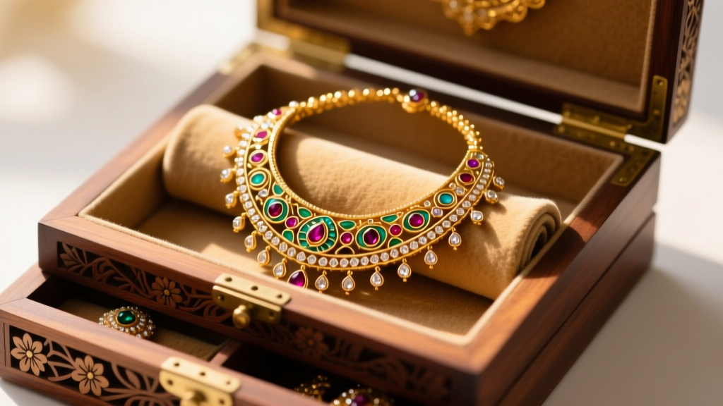 Jadau and Meenakari necklace resting on a rolled suede insert inside a multi-tiered Indian jewelry box under soft light.